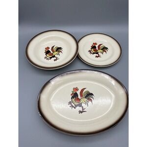 Vintage Metlox Poppytrail Rooster Oval Platter, 8.5"Bowl, 7.5"Plate‎ Made In USA